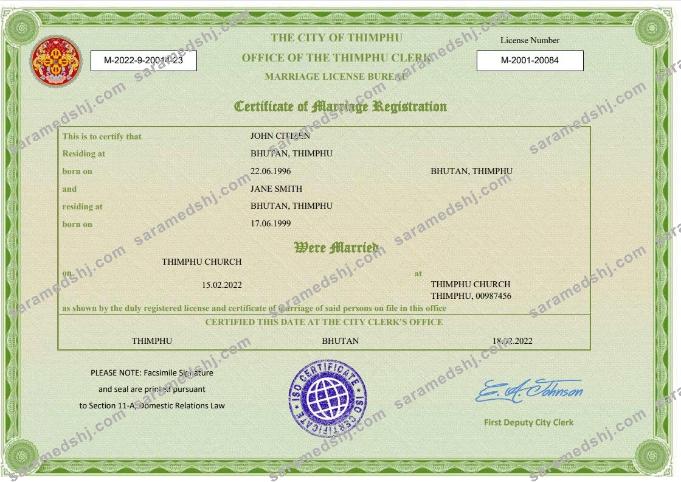 Bhutan marriage certificate Word and PDF template